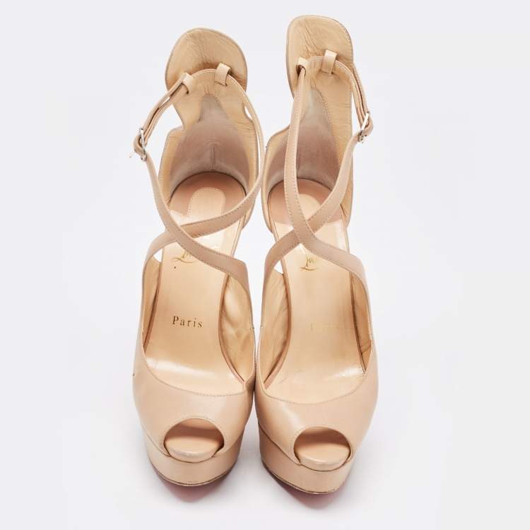 Pre Owned Christian Louboutin Beige Leather Marlenalta Peep Toe Platform Ankle Strap Sandals Size 36.5