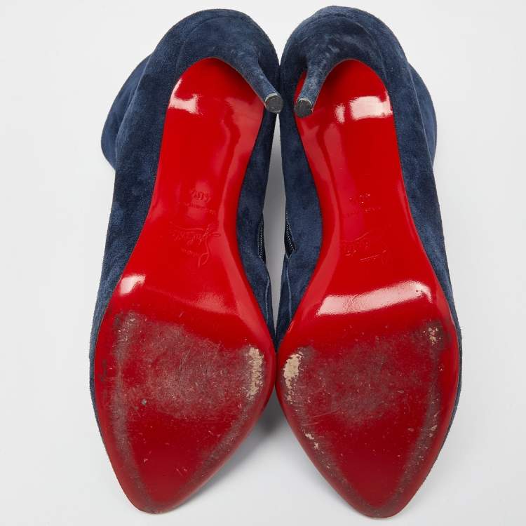 Pre Owned Christian Louboutin Blue Suede Eloise 85 Boots Size 40.5