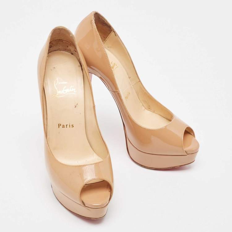 Pre Owned Christian Louboutin Beige Patent Leather Lady Peep Pumps Size 37.5 