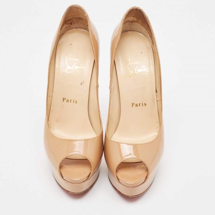 Pre Owned Christian Louboutin Beige Patent Leather Lady Peep Pumps Size 37.5 