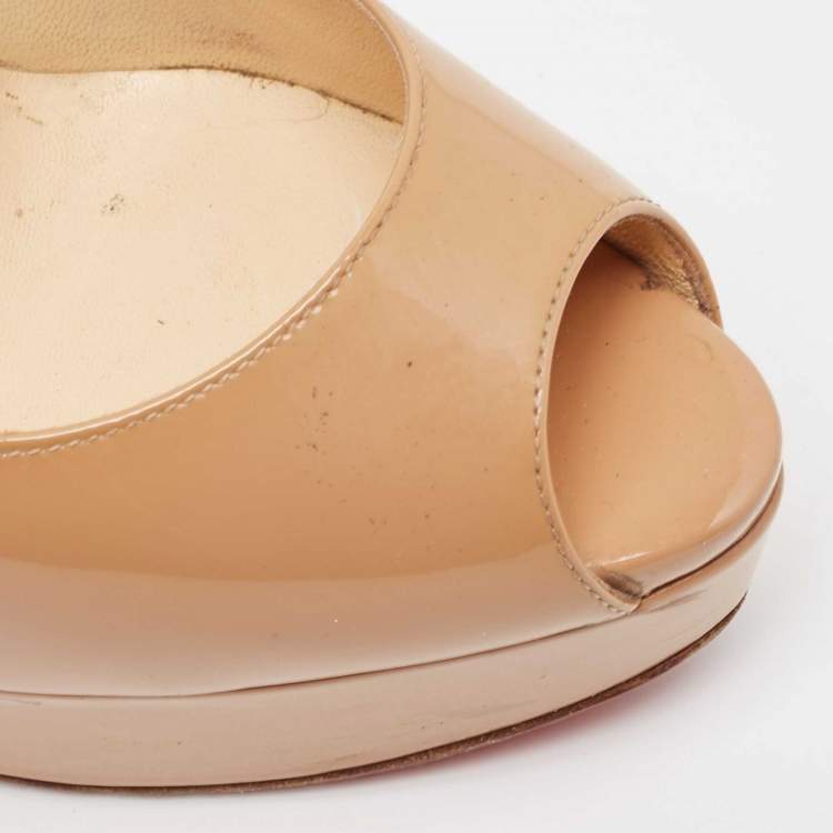 Pre Owned Christian Louboutin Beige Patent Leather Lady Peep Pumps Size 37.5 