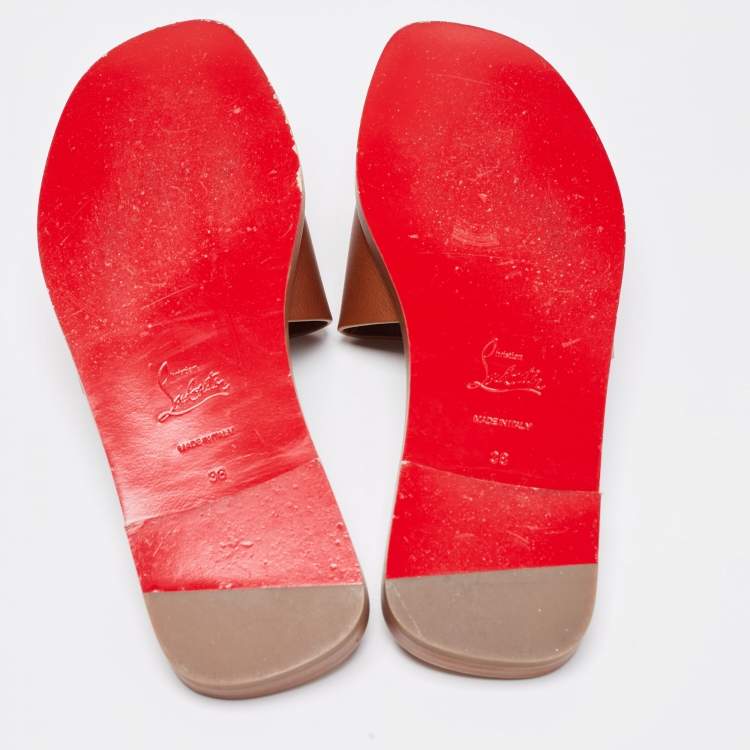 Pre Owned Christian Louboutin Brown Leather CL Flat Slides Size 38