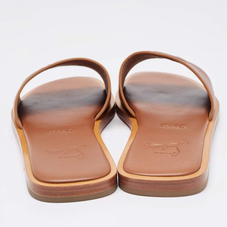 Pre Owned Christian Louboutin Brown Leather CL Flat Slides Size 38