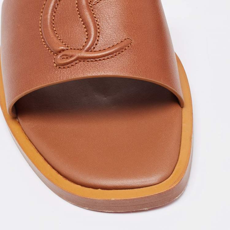 Pre Owned Christian Louboutin Brown Leather CL Flat Slides Size 38