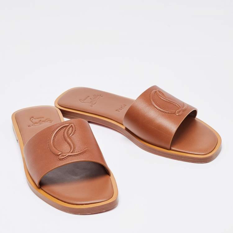 Pre Owned Christian Louboutin Brown Leather CL Flat Slides Size 38