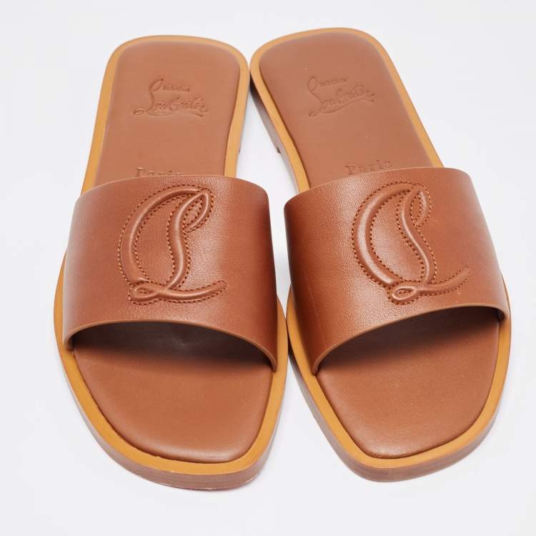 Pre Owned Christian Louboutin Brown Leather CL Flat Slides Size 38