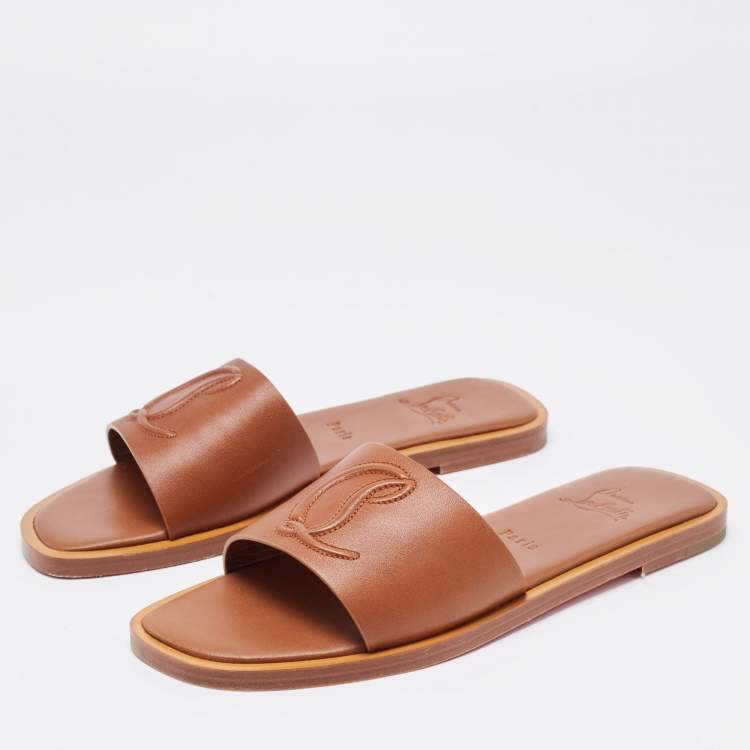 Pre Owned Christian Louboutin Brown Leather CL Flat Slides Size 38