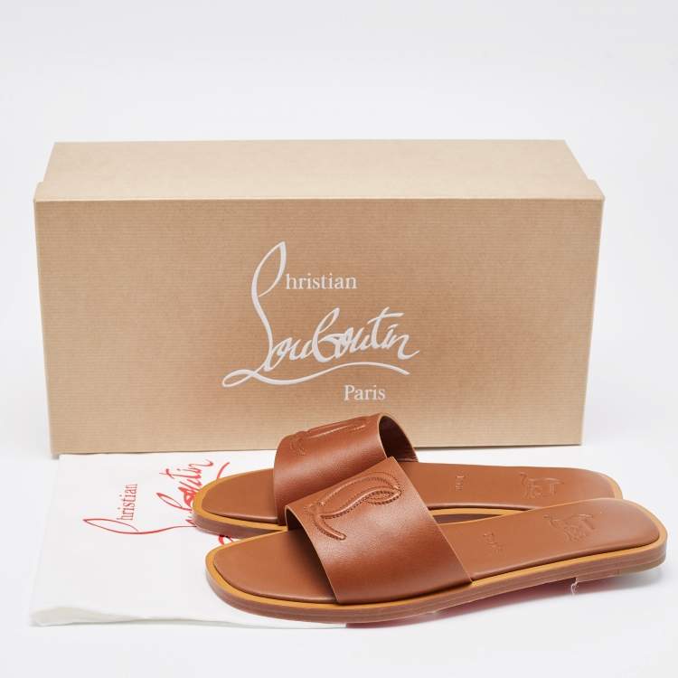 Pre Owned Christian Louboutin Brown Leather CL Flat Slides Size 38