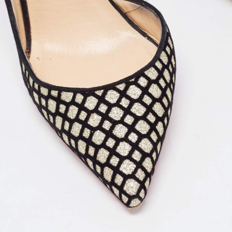 Pre Owned Christian Louboutin Black/Gold Velvet and Glitter Iriza Pumps Size 35.5 