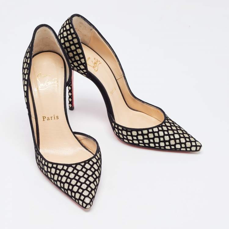 Pre Owned Christian Louboutin Black/Gold Velvet and Glitter Iriza Pumps Size 35.5 