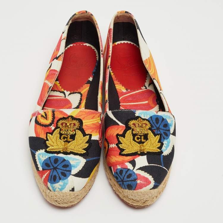 Pre Owned Christian Louboutin Multicolor Canvas Gala Embroidered Crest Espadrille Flats Size 36