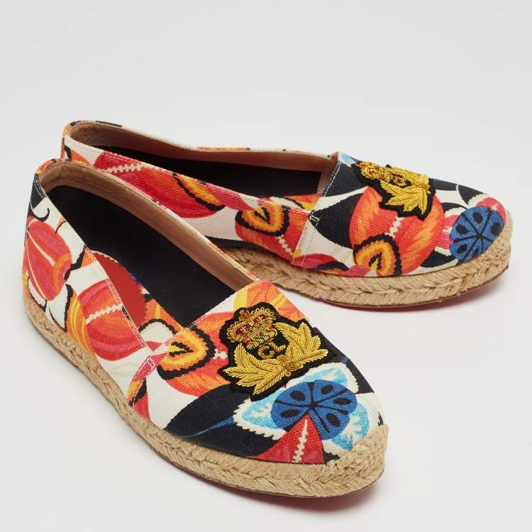 Pre Owned Christian Louboutin Multicolor Canvas Gala Embroidered Crest Espadrille Flats Size 36