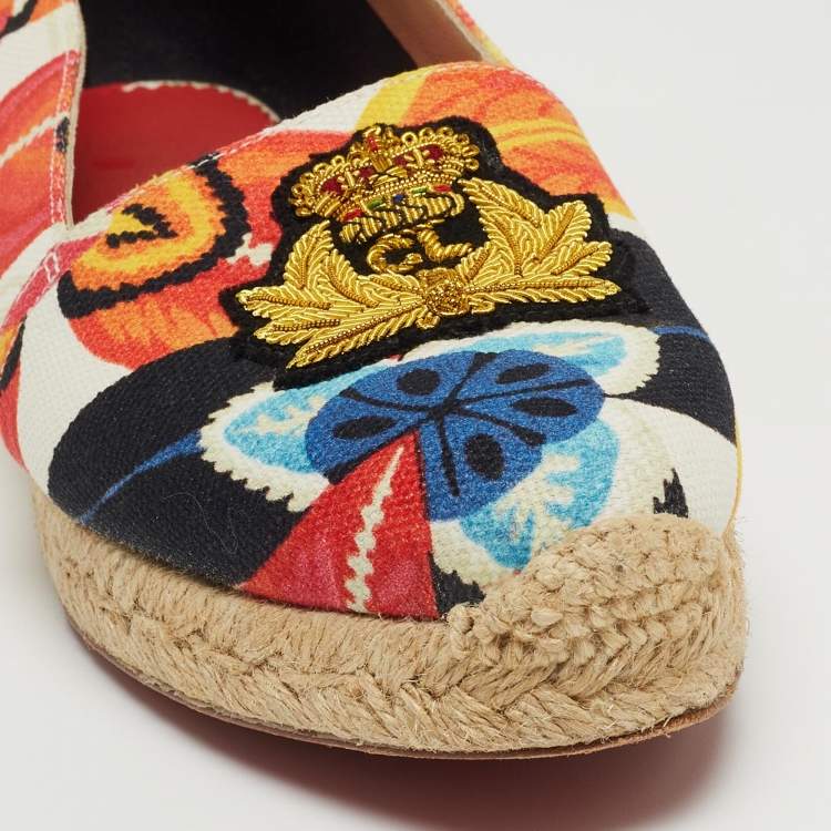 Pre Owned Christian Louboutin Multicolor Canvas Gala Embroidered Crest Espadrille Flats Size 36