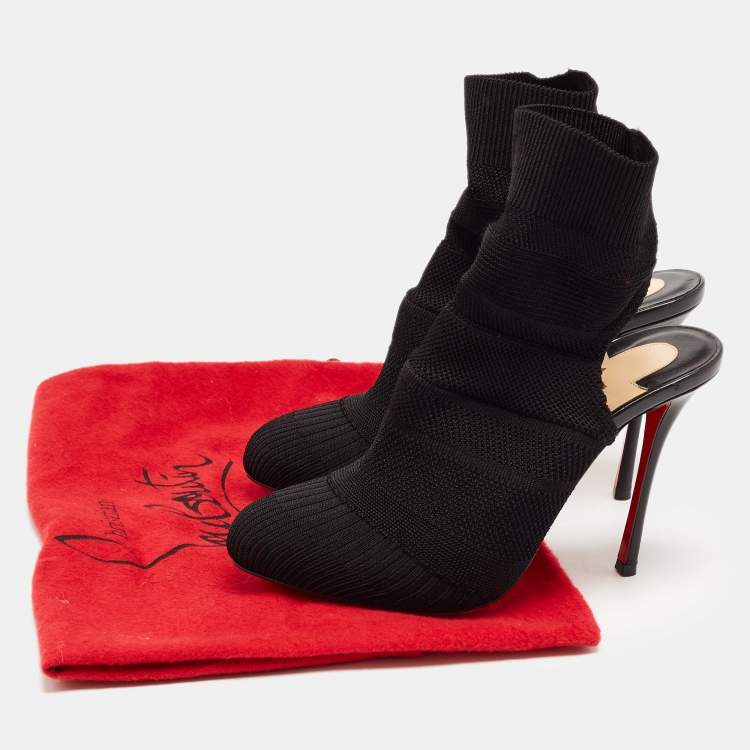 Pre Owned Christian Louboutin Black Knit Fabric Cheminetta Ankle Boots Size 39