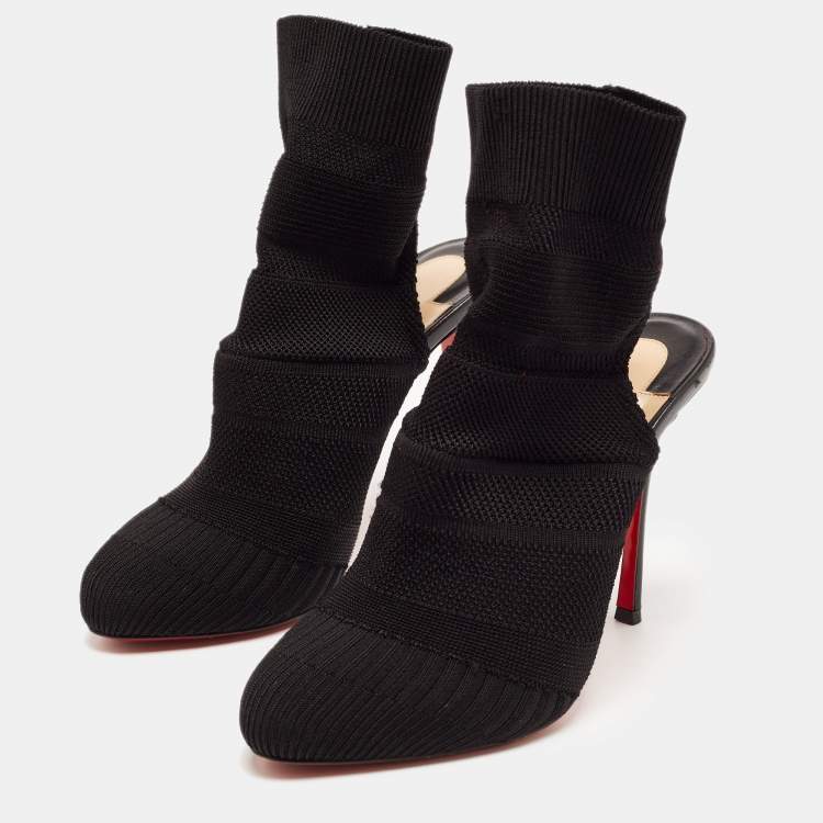 Pre Owned Christian Louboutin Black Knit Fabric Cheminetta Ankle Boots Size 39