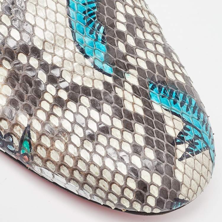 Pre Owned Christian Louboutin Brown/Beige Printed Python Smoking Slippers Size 37.5
