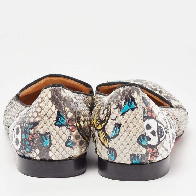 Pre Owned Christian Louboutin Brown/Beige Printed Python Smoking Slippers Size 37.5