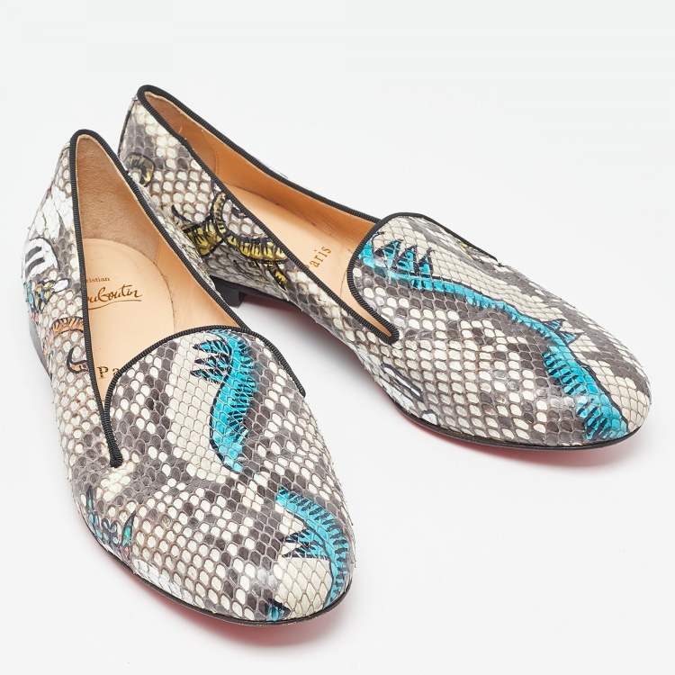 Pre Owned Christian Louboutin Brown/Beige Printed Python Smoking Slippers Size 37.5