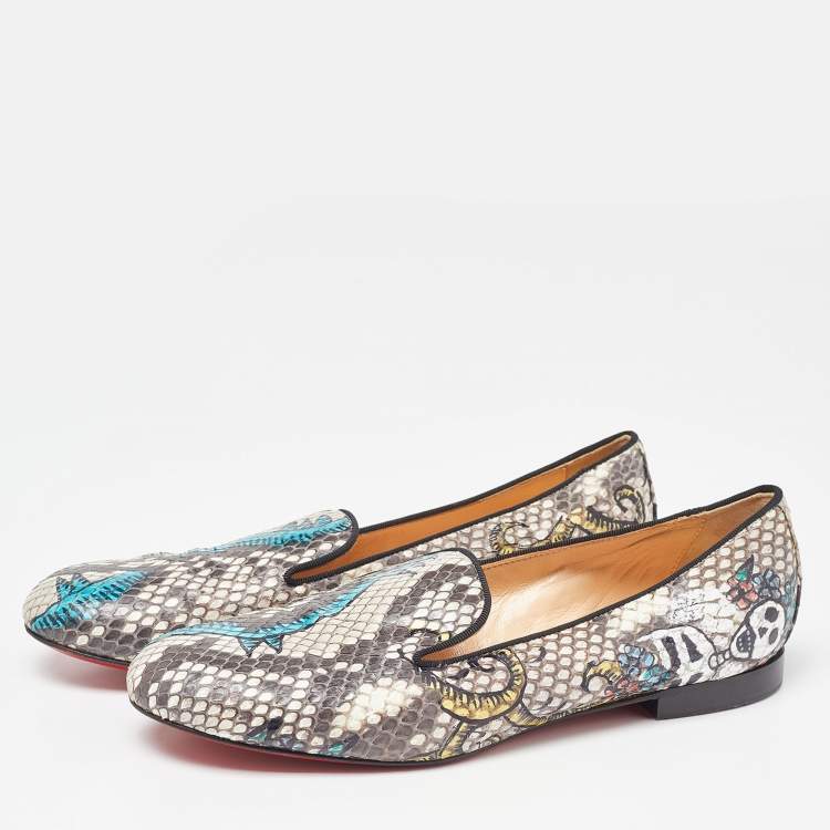 Pre Owned Christian Louboutin Brown/Beige Printed Python Smoking Slippers Size 37.5