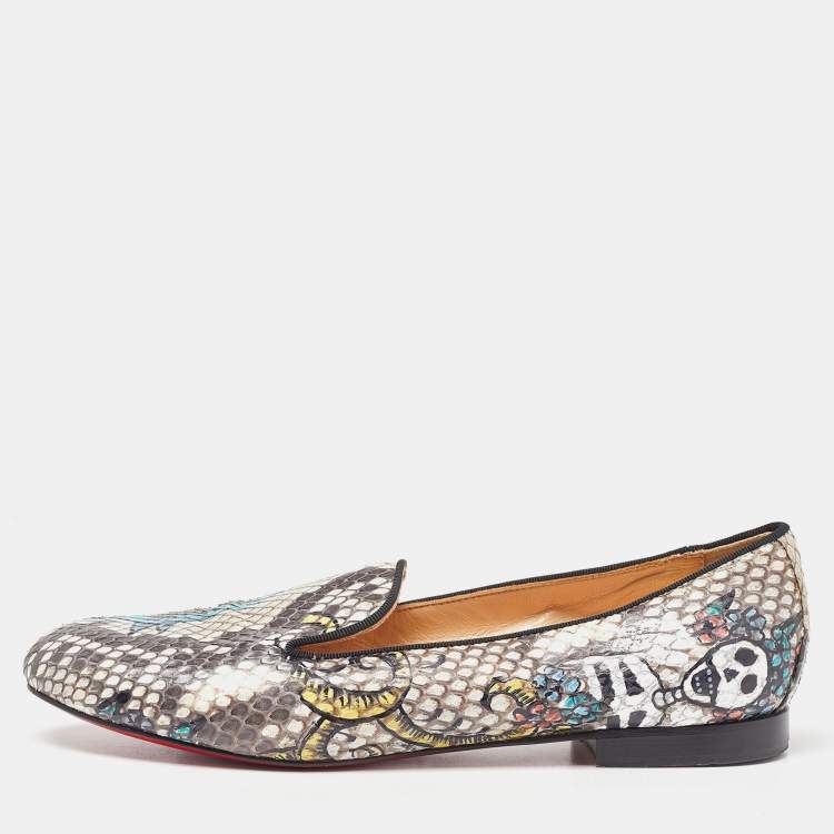 Pre Owned Christian Louboutin Brown/Beige Printed Python Smoking Slippers Size 37.5