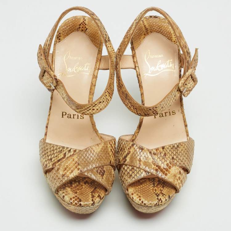 Pre Owned Christian Louboutin Beige Python Leather  Ankle Strap Sandals Size 35