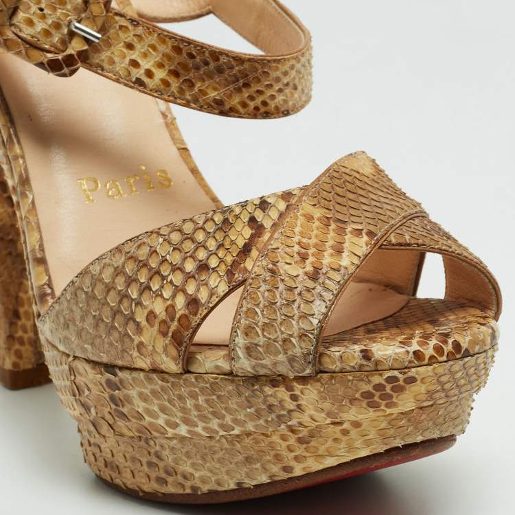Pre Owned Christian Louboutin Beige Python Leather  Ankle Strap Sandals Size 35