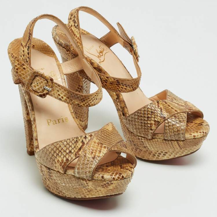 Pre Owned Christian Louboutin Beige Python Leather  Ankle Strap Sandals Size 35