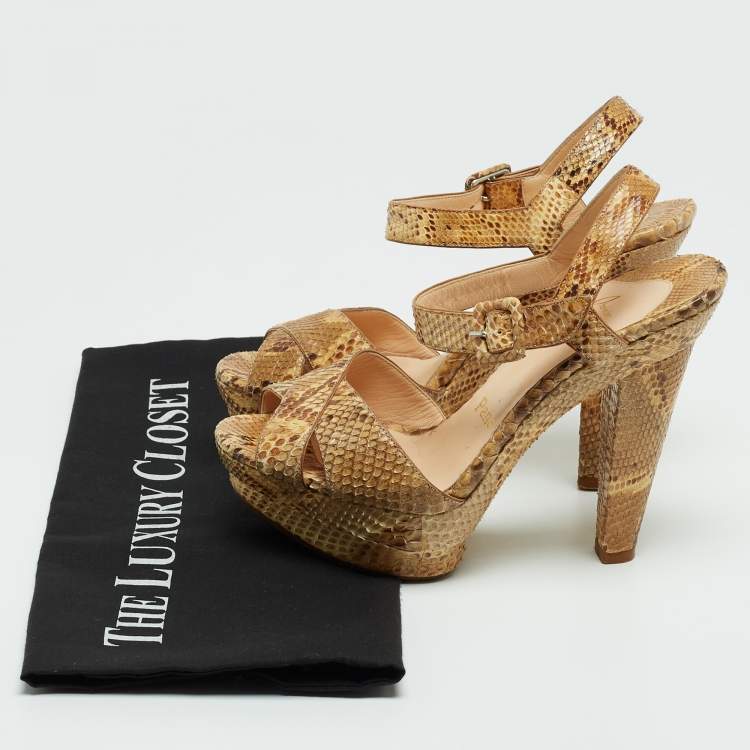 Pre Owned Christian Louboutin Beige Python Leather  Ankle Strap Sandals Size 35