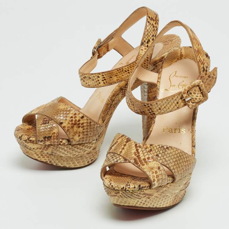 Pre Owned Christian Louboutin Beige Python Leather  Ankle Strap Sandals Size 35