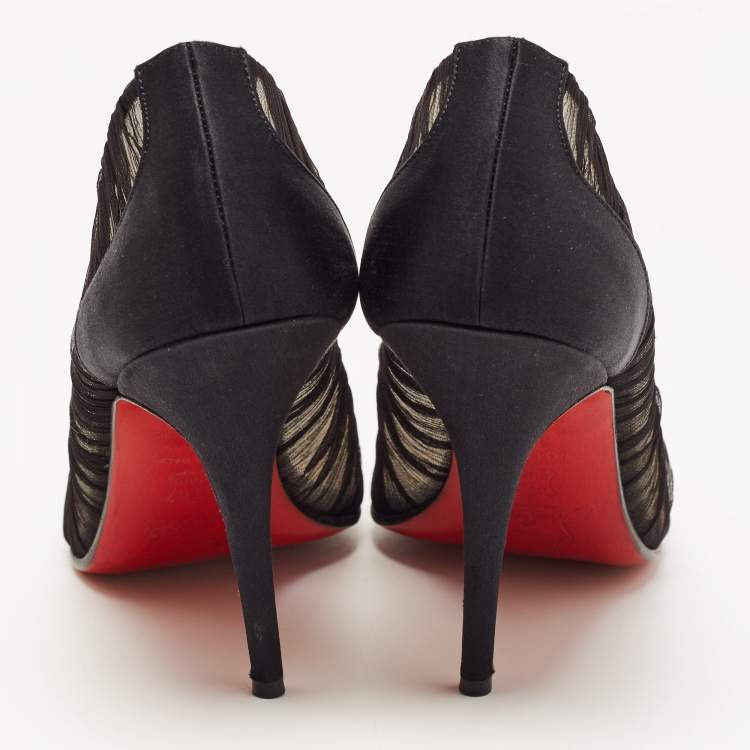 Pre Owned Christian Louboutin Black Mesh and Satin Ambrosina Peep Toe Pumps Size 39.5
