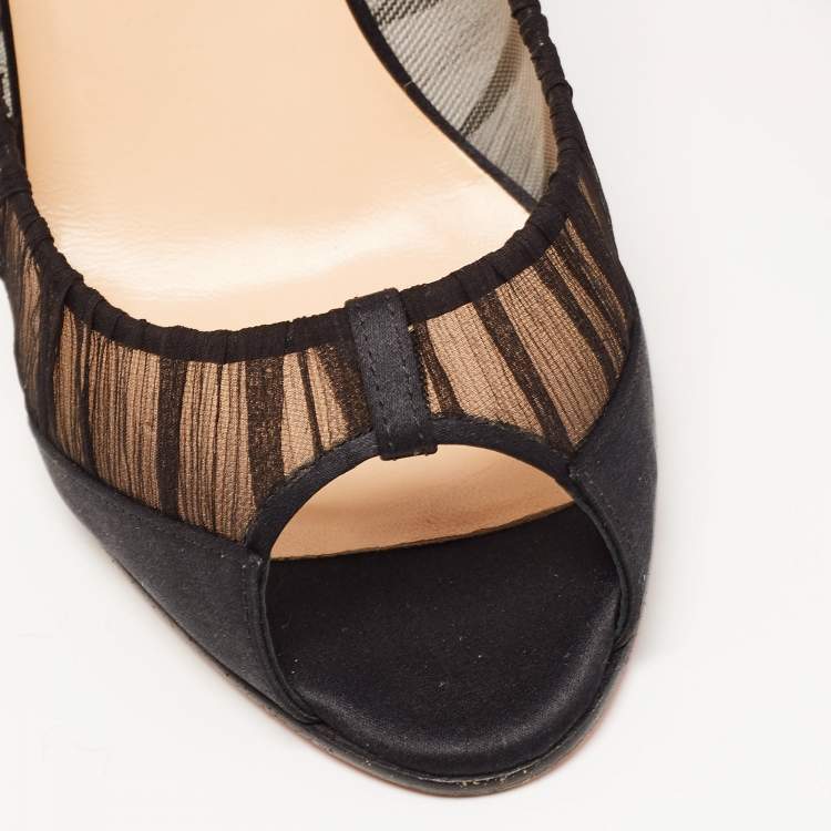 Pre Owned Christian Louboutin Black Mesh and Satin Ambrosina Peep Toe Pumps Size 39.5