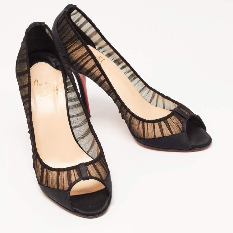Pre Owned Christian Louboutin Black Mesh and Satin Ambrosina Peep Toe Pumps Size 39.5