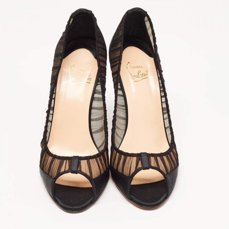 Pre Owned Christian Louboutin Black Mesh and Satin Ambrosina Peep Toe Pumps Size 39.5