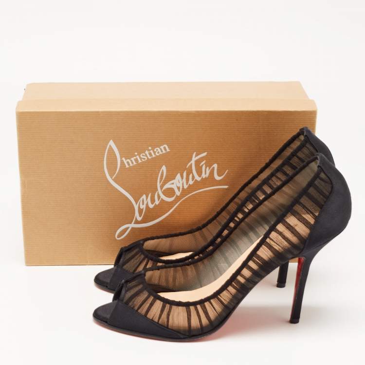 Pre Owned Christian Louboutin Black Mesh and Satin Ambrosina Peep Toe Pumps Size 39.5