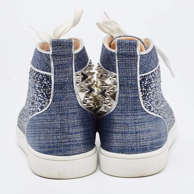 مملوكة مسبقًا Christian Louboutin Blue/Silver Denim and Patent Lou Degra Spikes Studded Hi High Top Sneakers Size 39