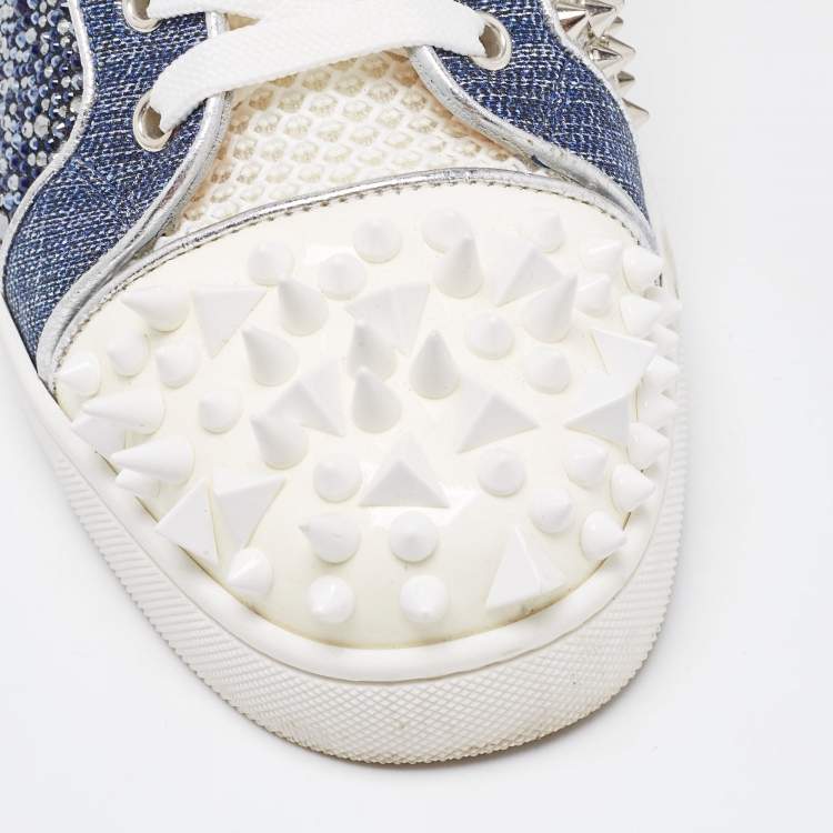 مملوكة مسبقًا Christian Louboutin Blue/Silver Denim and Patent Lou Degra Spikes Studded Hi High Top Sneakers Size 39
