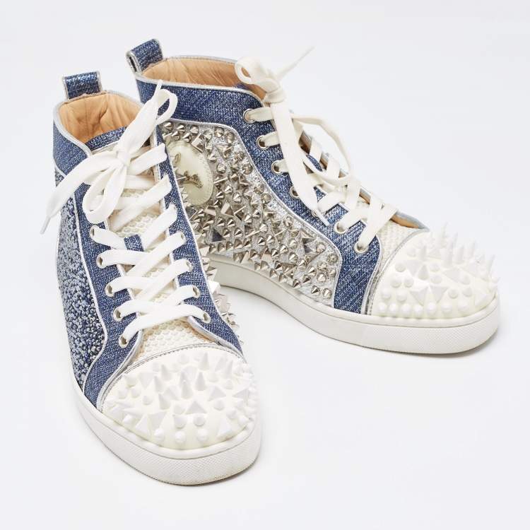 مملوكة مسبقًا Christian Louboutin Blue/Silver Denim and Patent Lou Degra Spikes Studded Hi High Top Sneakers Size 39