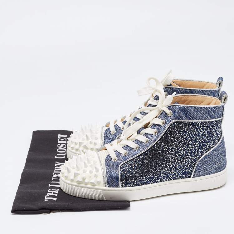 مملوكة مسبقًا Christian Louboutin Blue/Silver Denim and Patent Lou Degra Spikes Studded Hi High Top Sneakers Size 39