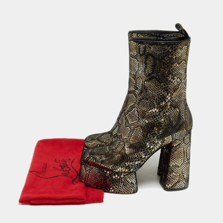 Pre Owned Christian Louboutin Black/Gold Snakeskin Print Suede Izamayeah Boots Size 37