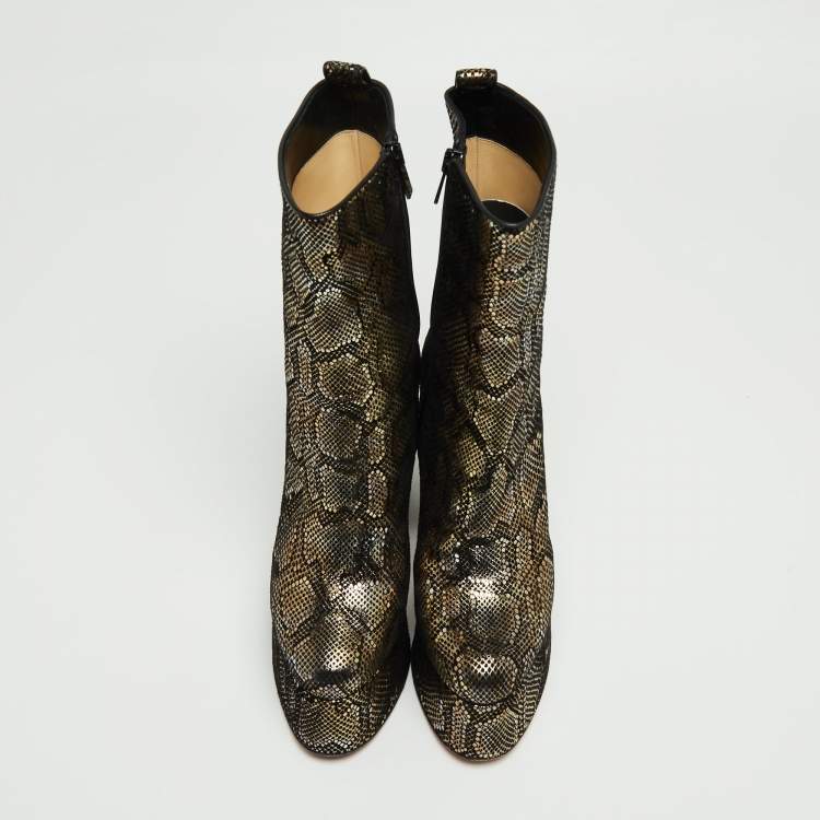 Pre Owned Christian Louboutin Black/Gold Snakeskin Print Suede Izamayeah Boots Size 37