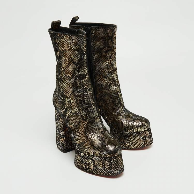 Pre Owned Christian Louboutin Black/Gold Snakeskin Print Suede Izamayeah Boots Size 37
