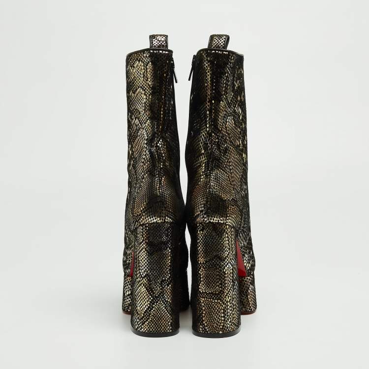 Pre Owned Christian Louboutin Black/Gold Snakeskin Print Suede Izamayeah Boots Size 37