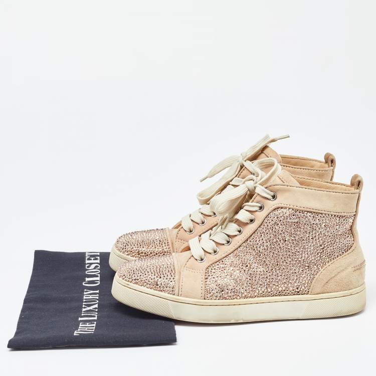 Pre Owned Christian Louboutin Beige Suede Embellished High Top Sneakers Size 37.5