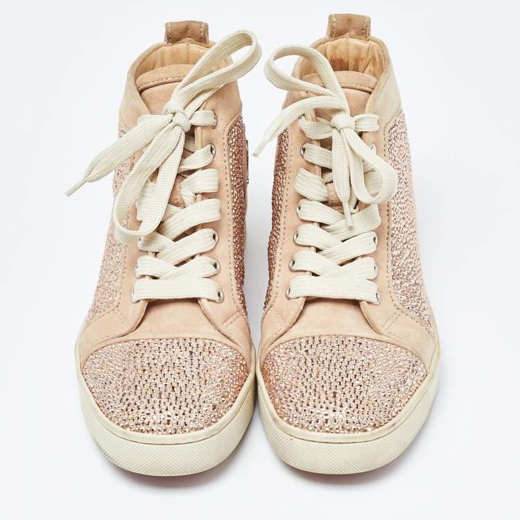 Pre Owned Christian Louboutin Beige Suede Embellished High Top Sneakers Size 37.5