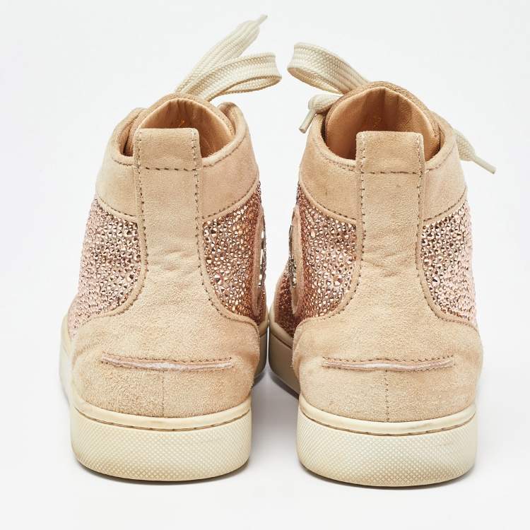 Pre Owned Christian Louboutin Beige Suede Embellished High Top Sneakers Size 37.5