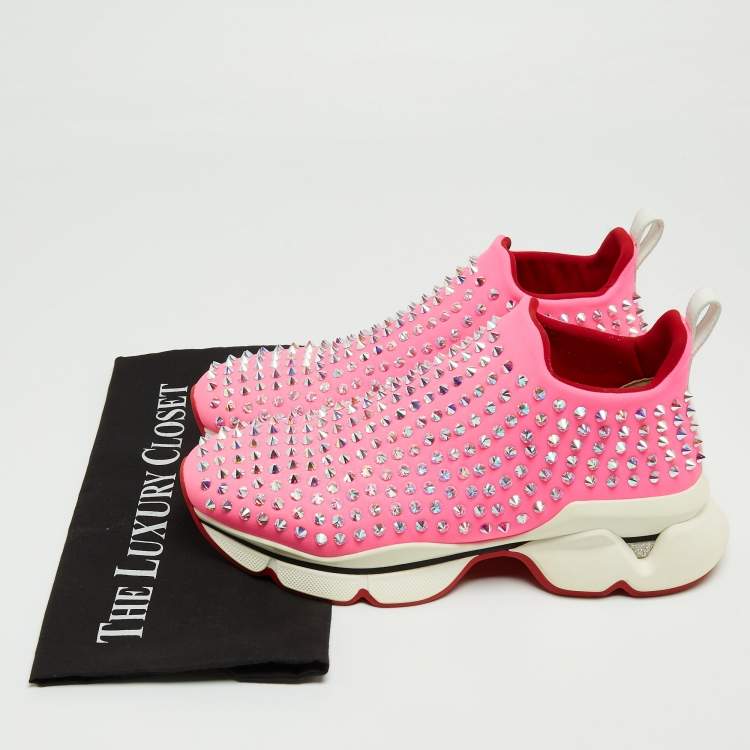 Pre Owned Christian Louboutin Pink Neoprene Spike Sock Sneakers Size 38