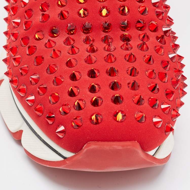 Pre Owned Christian Louboutin Red Neoprene Spike Sock Sneakers Size 38.5