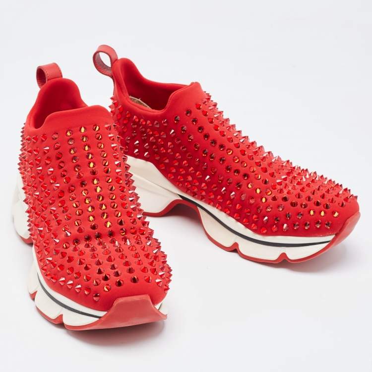 Pre Owned Christian Louboutin Red Neoprene Spike Sock Sneakers Size 38.5