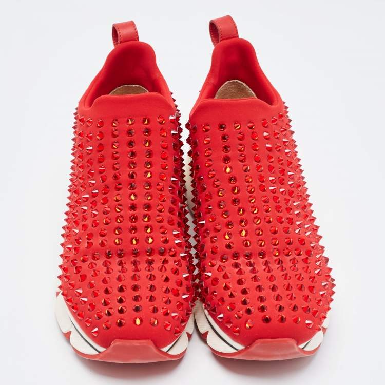 Pre Owned Christian Louboutin Red Neoprene Spike Sock Sneakers Size 38.5