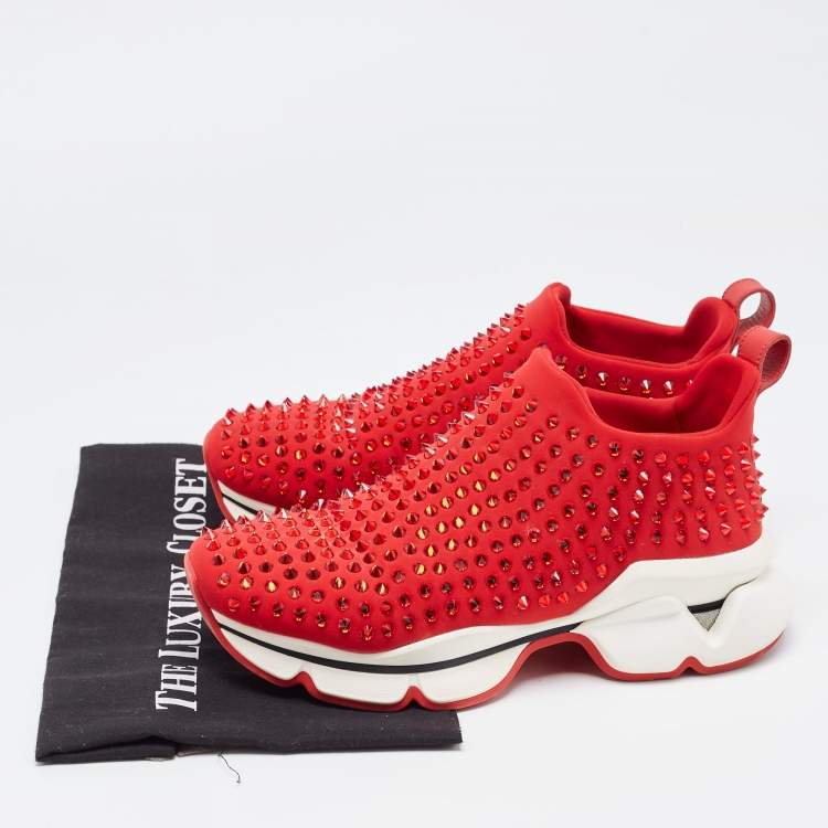 Pre Owned Christian Louboutin Red Neoprene Spike Sock Sneakers Size 38.5